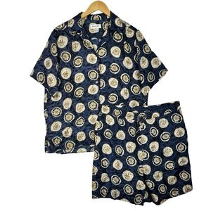 Vintage Bogari 100% Silk 2 Piece Lounge Set Womens M Blue Floral Button Up